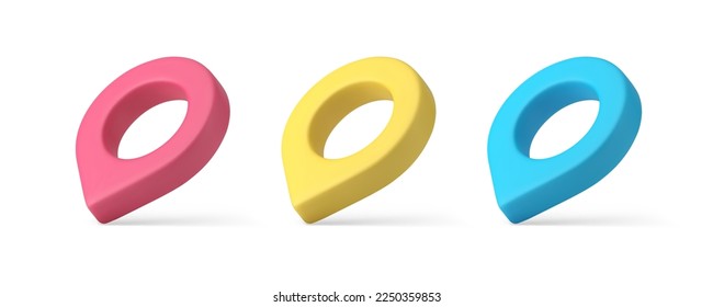 GPS map pin navigation cartography pointer for location destination 3d icon set realistic vector illustration. GPRS direction point online route searching travel position global marker navigator badge