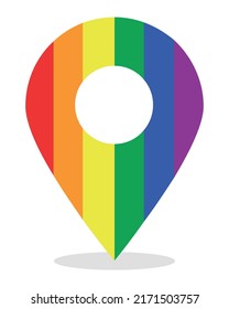 Gps map pin with rainbow colors and shadow. For tagging locations of lgbt pride events on the map. Transparent background.