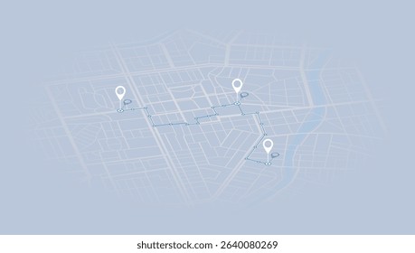 GPS map with pins set along specific route. city map with GPS navigation route. Transportation and logistics concept. Vector illustration for navigation tracking.