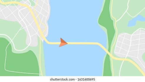 GPS Map with river, city, road and bridge. Navigation concept. City map close up