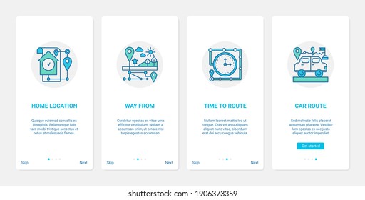 Gps map service to search road via navigator vector illustration. UX, UI onboarding mobile app page screen set with line travel time, car route home from point on map symbols, navigation technology