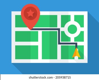 GPS Map. Top View With Simple Flat Design. Navigation Icon With Red Pin And Partially Folded Map. Pastel Colors