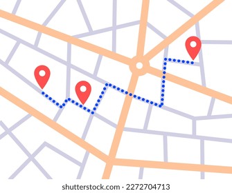 GPS map tracking application for electronic device. Navigation in the city street. Route by car and destination point on phone display. Geoposition pin, navigator ui element flat vector illustration