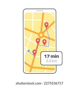 GPS map tracking application for smartphone. Navigation in the city street. Route by car and destination point on phone display. Geoposition red pin, navigator ui element flat vector illustration.