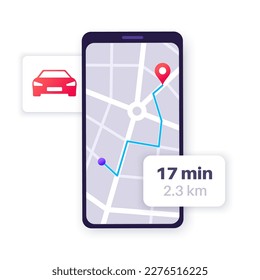 GPS map tracking application for smartphone. Navigation in the city street. Route by car and destination point on phone display. Geoposition red pin, navigator ui element flat vector illustration.