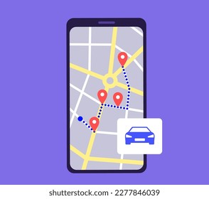 GPS map tracking application for smartphone. Navigation in the city street. Route by car and destination point on phone display. Geoposition red pin, navigator ui element flat vector illustration.