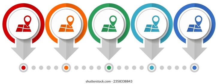 Gps, map, travel vector icon set, flat design infographic template, set pointer concept icons in 5 color options for webdesign and mobile applications