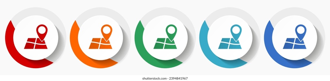 Gps, map, travel vector icon set, flat design colorful round icons in 5 color options for webdesign and mobile applications