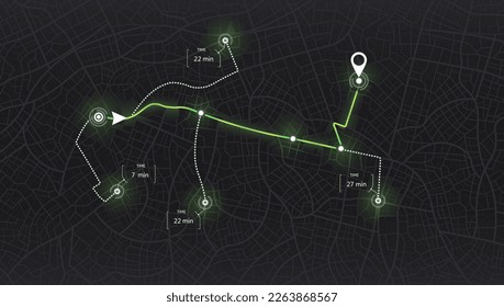 GPS map. Urban highway plan. Abstract transportation. City top view. Hi-tech vector background. route distance data, path turns and destination tag or mark