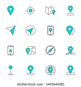 gps, maps, travel, navigation filled line blue icons set. creative simple gps, navigation icons set vector illustration. smart user colored line interface icons set