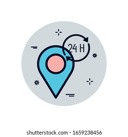 Gps mark and 24 hours arrows fill block style icon design, Map travel navigation route road location technology search street and direction theme Vector illustration