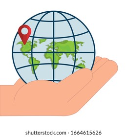 Gps mark and global sphere over hand design, Map travel navigation route road location technology search street and direction theme Vector illustration