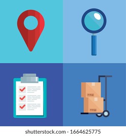 GPS markieren Luplist-Dokument und -Boxen über Karton-Design, Lieferlogistik Transport Versandwarenindustrie und Vektorillustration-Illustration zum Thema weltweit