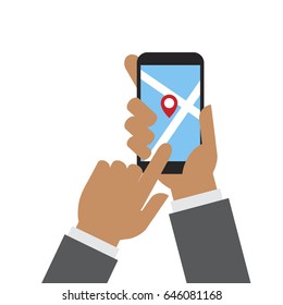 Gps mobile. Map. Hand holding smartphone. Flat design.