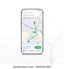 GPS Mobile Map navigation application ux ui concept design , Realistic Smartphone with GPS route map location destination and red pinpoint on screen , City street, navigation maps , Vector EPS10 