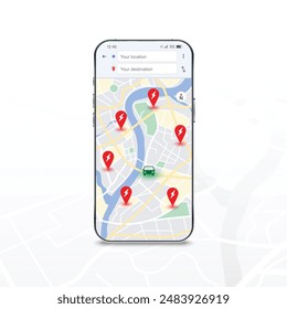 GPS mobile navigation Realistic smartphone with Electric car charging station ,EV station gps map application with red pinpoint on screen, search locations  compass icon vector illustration eps10