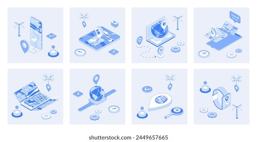 GPS navigation 3d isometric concept set with isometric icons design for web. Collection of global positioning system, online tracking, traffic view and maps, gadget navigators. Vector illustration