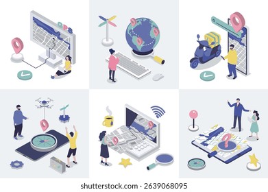 GPS navigation 3d isometry concept for web design. Collection set with isometric people using online global positioning system with maps, compass navigator, location pointers. Vector illustration.
