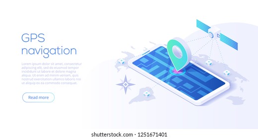 GPS navigation app concept in isometric vector illustration. Smartphone application for global positioning system. Satellite radionavigation or tracking system on mobile device.