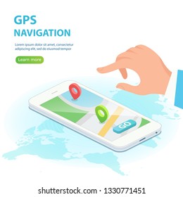 GPS navigation app concept in isometric vector illustration. Smartphone application for global positioning system. Satellite radionavigation or tracking system on mobile device