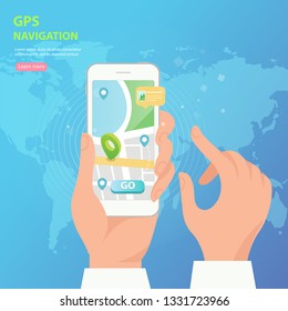 GPS navigation app concept in isometric vector illustration. Smartphone application for global positioning system. Satellite radionavigation or tracking system on mobile device