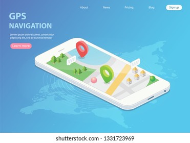 GPS navigation app concept in isometric vector illustration. Smartphone application for global positioning system. Satellite radionavigation or tracking system on mobile device