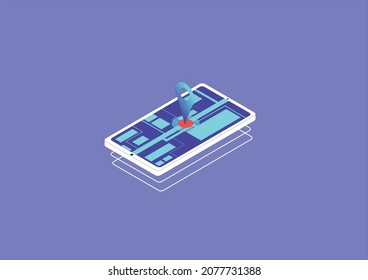 Concepto de aplicación de navegación GPS en ilustración vectorial isométrica. smartphone para sistema de posicionamiento global. Sistema de radionavegación o seguimiento por satélite en dispositivos móviles.