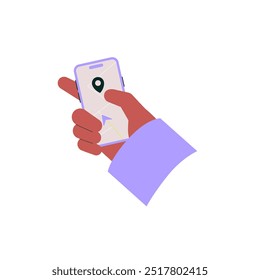 GPS navigation app displayed on a smartphone held by a hand, symbolizing location tracking, mobile technology, and route finding, flat vector illustration isolated on white background.