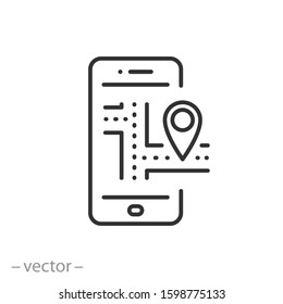 gps navigation app icon, city street map on phone, local system, thin line symbol on white background - editable stroke vector illustration eps10