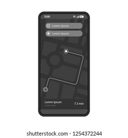 GPS navigation app interface vector template. Mobile application page design layout. Driving direction. Route searching screen. Flat UI. Choose destination.Phone display with digital map and pinpoints
