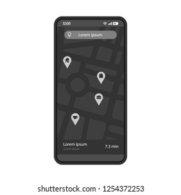 GPS navigation app interface vector template. Mobile application page black design layout. Route searching screen. Flat UI. Choosing destination. Phone display with digital map and pinpoints