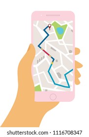 Gps navigation app on mobile phone. Hand holds smartphone.Telephone isolated on white background. Tracking system. Vector illustration.