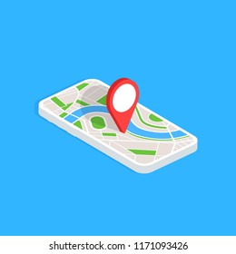 Gps navigation app on mobile phone. Isometric smartphone isolated on blue background. Tracking system. Vector illustration.