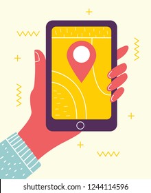 Gps navigation app on mobile phone. Hand holds smartphone.Telephone isolated on light background. Tracking system. Vector illustration. Flat style