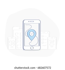 GPS navigation app on mobile phone. GPS navigator pin checking blue color on white background. Isolated vector in trendy flat line design.