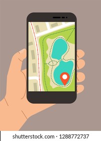Gps navigation app on smartphone. Hand holds mobile phone with map of park with ponds. Telephone isolated. Tracking system. Vector illustration in flat style 