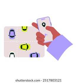 GPS-Navigations-App auf dem Smartphone, die dabei hilft, einen Parkplatz auf einem Parkplatz zu finden, als Symbol für Standortverfolgung und Parken von Fahrzeugen, flache Vektorgrafik einzeln auf weißem Hintergrund