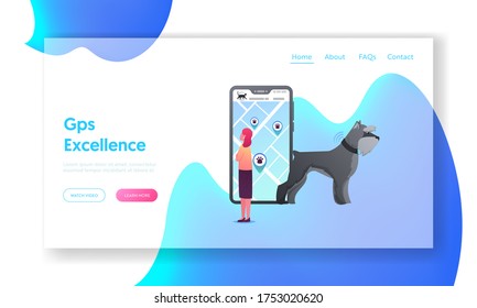 GPS Navigation App for Pets Landing Page Template. Tiny Female Character Stand at Huge Smartphone Look on Screen with City Map and Location Pins, Dog in Signaling Collar. Cartoon Vector Illustration