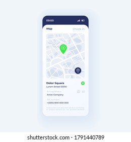GPS Navigation App Smartphone Interface Vector Template. Mobile App Page Light Theme Design Layout. Checked Place Info Screen. Flat UI For Application. Map And Location Description On Phone Display