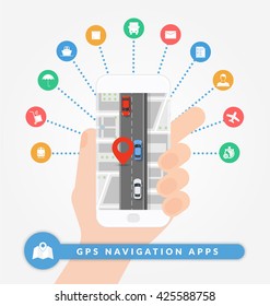 GPS navigation apps on mobile phone. Road navigation concept with city map, pin and road with cars. Flat vector illustration. Set of logistic and shipping icons