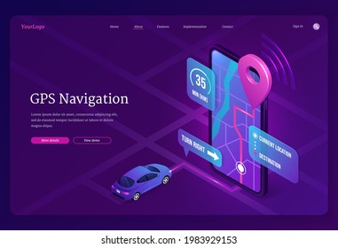 GPS navigation banner. Online digital service for vehicle with location search on mobile phone. Vector landing page of route app with isometric illustration of car and smartphone with map