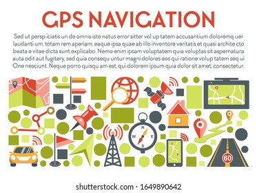 GPS-Navigationsbanner mit Text. Navigator App zeigt die Richtung auf dem Handybildschirm für die Reise mit dem Auto, Straße Route, Karte, Kompass, Locator und Pinpoint Icons Sammlung. Grafische Vektorillustration.