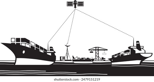 GPS navigation between industrial ships and cargo terminal - vector illustration