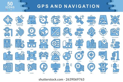 The GPS and Navigation blue icon set defines essential tools for tracking, direction, and positioning, ideal for mapping apps, logistics interfaces, and travel related user experiences.