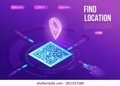 Navegación GPS mediante el código QR, aplicación móvil para encontrar la ubicación en el mapa, escaneo de etiquetas para identificar el lugar, ilustración vectorial isométrica 3d, plantilla de página de aterrizaje