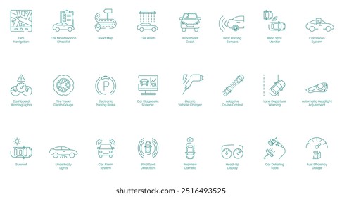 Navegación GPS, Lista de verificación de mantenimiento del automóvil, Mapa de ruta, Lavado de autos, Grieta del parabrisas, Sensores de estacionamiento trasero, Monitor de punto ciego, Sistema estéreo del automóvil, Conjunto de iconos de Vector de luces de advertencia del tablero