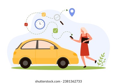 GPS navigation for car road travel in mobile app vector illustration. Cartoon tiny woman holding phone to navigate to city location pin, route search and find arrival time with website service