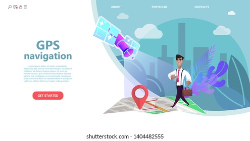 GPS navigation, Cartoon character man walks on a map of the city to the final point of the route. Satellite navigation systems isolated vector illustration on white background. Business page template 