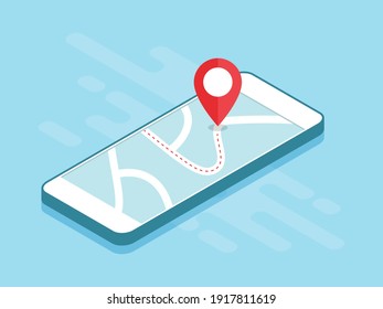 Navegación GPS con símbolo de protección en pantalla de la ilustración isométrica vectorial del teléfono móvil