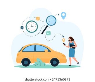 GPS navigation for city travel, online tracking of route, time and location on map. Tiny woman with phone and magnifying glass finds yellow rental cab for trip around town cartoon vector illustration